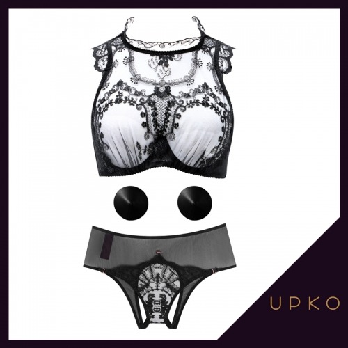 EMBROIDERED LACE UNDERWIRED BRA &amp; DETACHABLE BACK SET(INCLUDING LEATHER NIPPLE PASTIES)